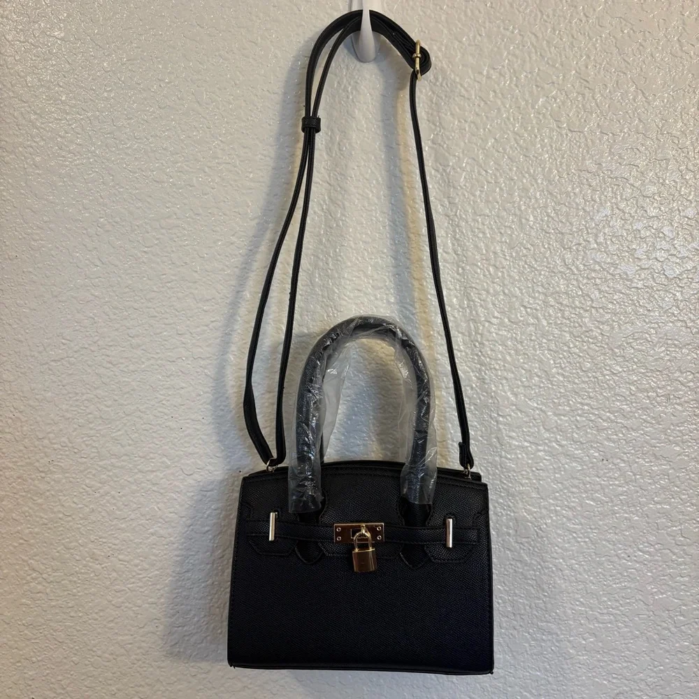 Black Structured Top Handle Satchel Handbag Women Faux Leather Gold Lock
